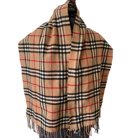Burberry Tan London Plaid Fringe 100% Lambswool Scarf - Picture 1 of 3
